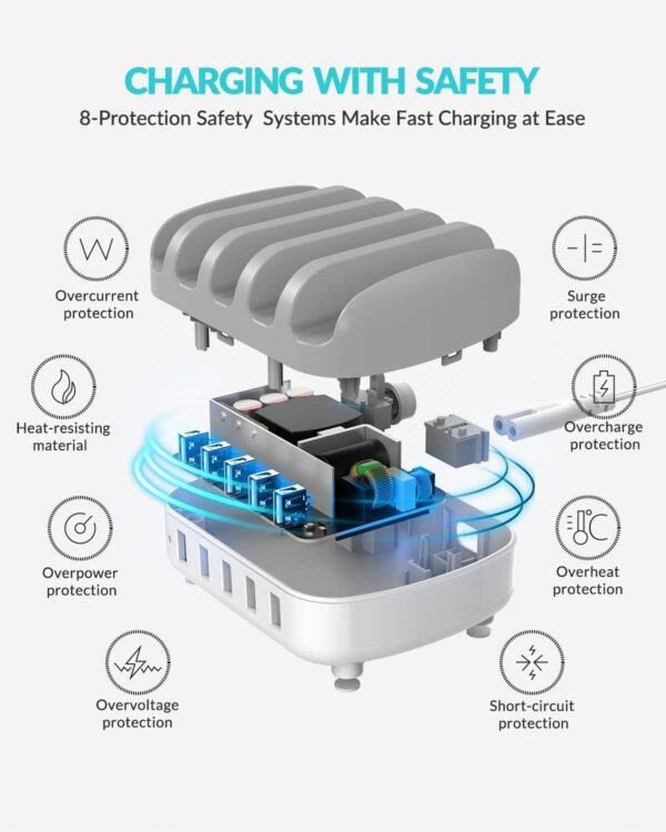 ⁦محطة شحن من اوريكو 40 واط  لاجهزة متعددة، قاعدة شحن USB ذكية مع مروحة تبريد، متوافقة مع ايفون 15/14/13/12 وايباد وجوالات اندرويد والتابلت (بدون 10 منافذ (5 منافذ 40 واط)⁩ - الصورة ⁦3⁩