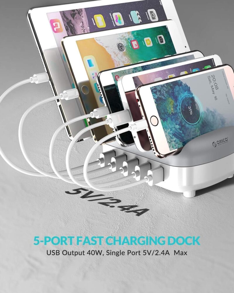 ⁦محطة شحن من اوريكو 40 واط  لاجهزة متعددة، قاعدة شحن USB ذكية مع مروحة تبريد، متوافقة مع ايفون 15/14/13/12 وايباد وجوالات اندرويد والتابلت (بدون 10 منافذ (5 منافذ 40 واط)⁩ - الصورة ⁦6⁩