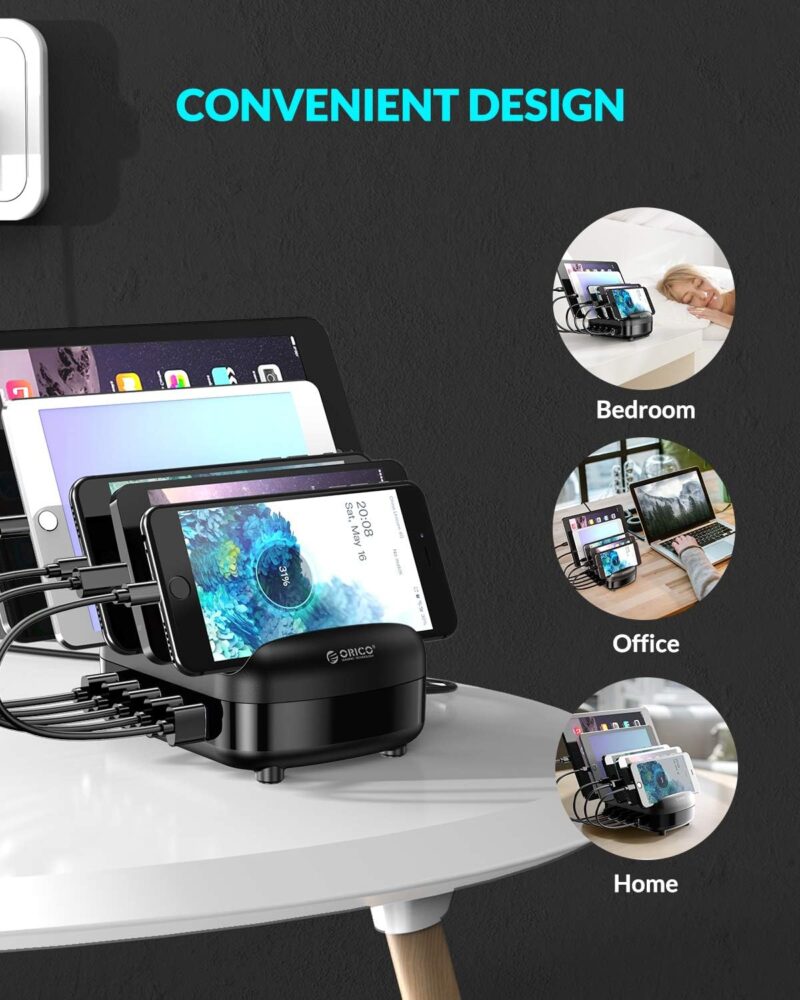 ⁦محطة شحن من اوريكو 40 واط  لاجهزة متعددة، قاعدة شحن USB ذكية مع مروحة تبريد، متوافقة مع ايفون 15/14/13/12 وايباد وجوالات اندرويد والتابلت (بدون 5 كابلات(5 منافذ 40 واط)⁩ - الصورة ⁦7⁩