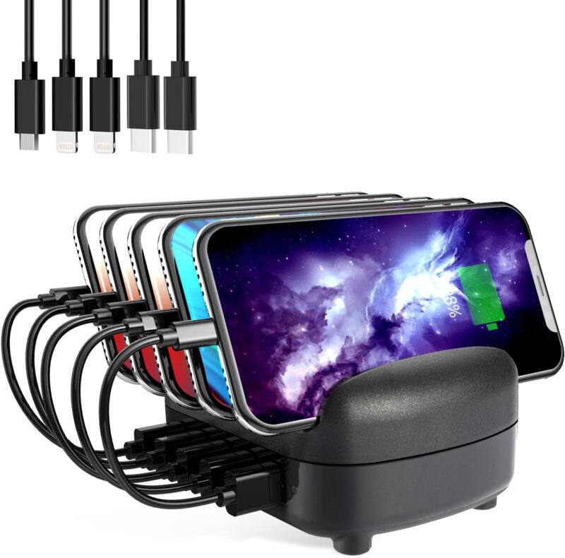 محطة شحن من اوريكو 40 واط  لاجهزة متعددة، قاعدة شحن USB ذكية مع مروحة تبريد، متوافقة مع ايفون 15/14/13/12 وايباد وجوالات اندرويد والتابلت (بدون 5 كابلات(5 منافذ 40 واط)