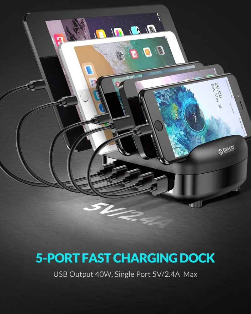 ⁦محطة شحن من اوريكو 40 واط  لاجهزة متعددة، قاعدة شحن USB ذكية مع مروحة تبريد، متوافقة مع ايفون 15/14/13/12 وايباد وجوالات اندرويد والتابلت (بدون 5 كابلات(5 منافذ 40 واط)⁩ - الصورة ⁦4⁩